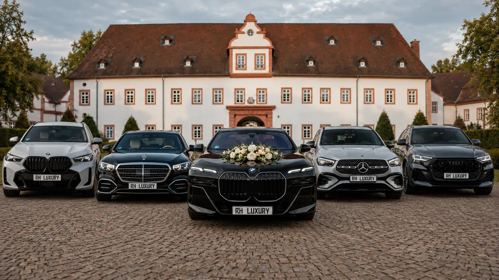 BMW mit Blumendekoration und vier weitere Luxusfahrzeuge vor einem historischen Herrenhaus